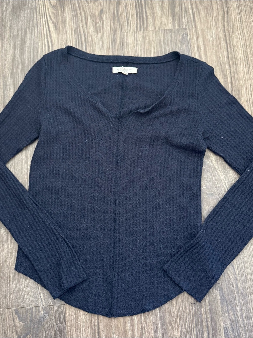 Aeropostale Navy Long Sleeve Ribbed V-Neck Top